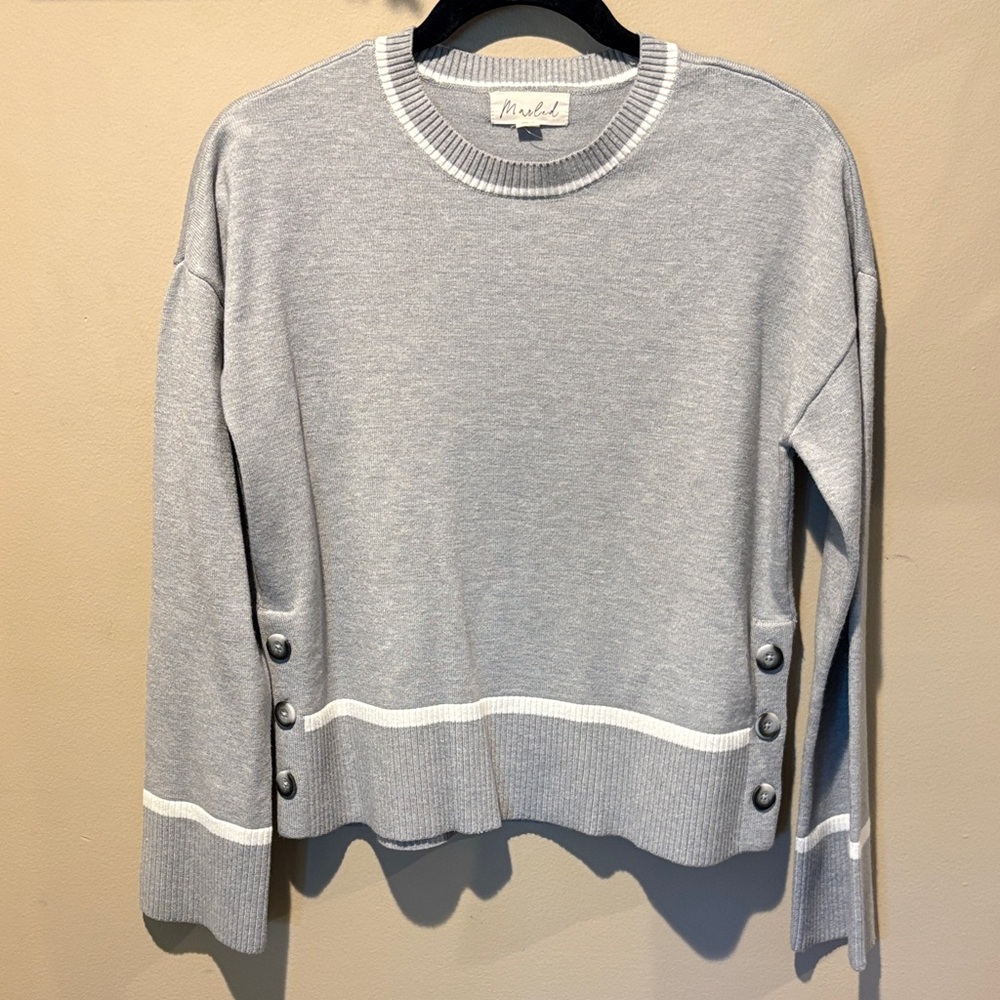 Soft Elegance Marled Gray Crew Neck Sweater w Button detail